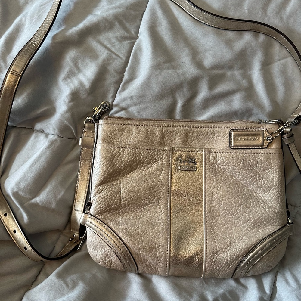 Coach Metallic Pebbled Leather Crossbody in Light Gold-Taupe